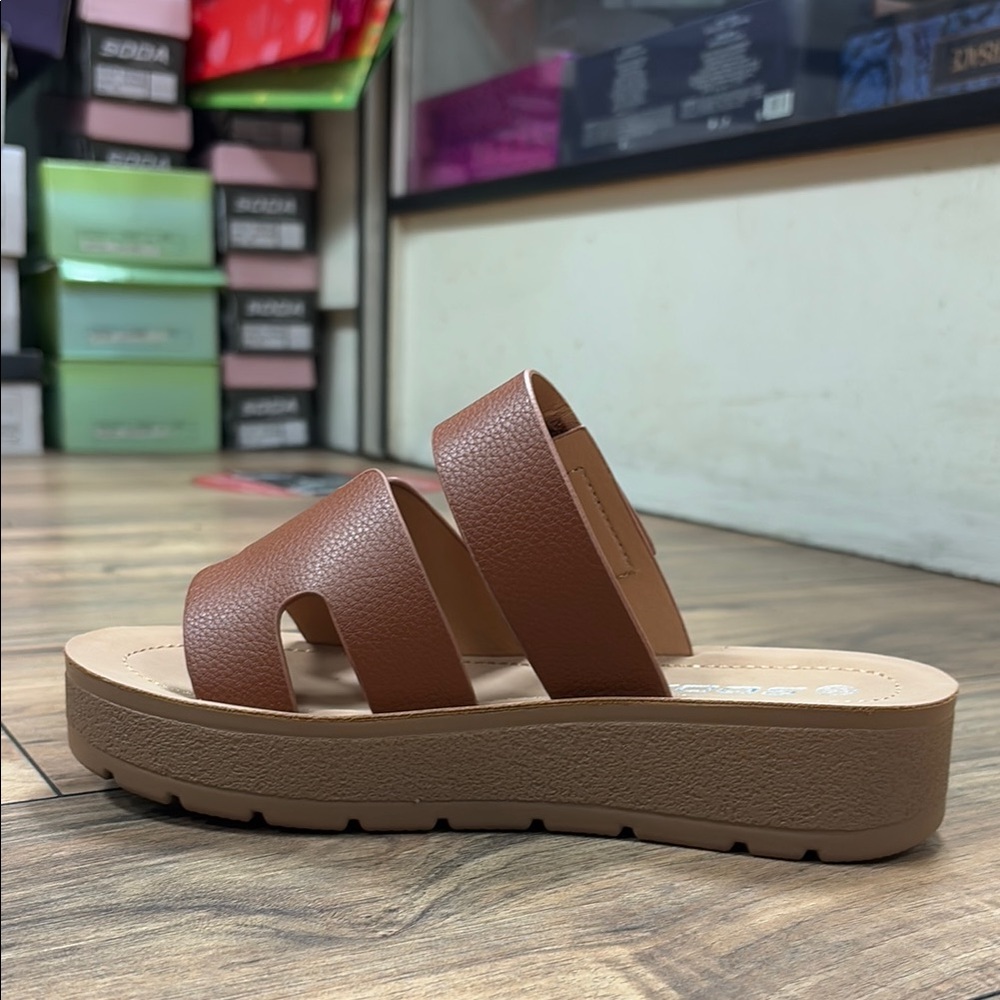 Tan Leather Platform Sandals with Wide Straps Tonya-S